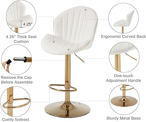 Miniatura 4 de Juego de 2 taburetes de bar giratorios modernos de cuero, de altura ajustable, sillas de bar con respaldo de concha, taburetes de isla de cocina