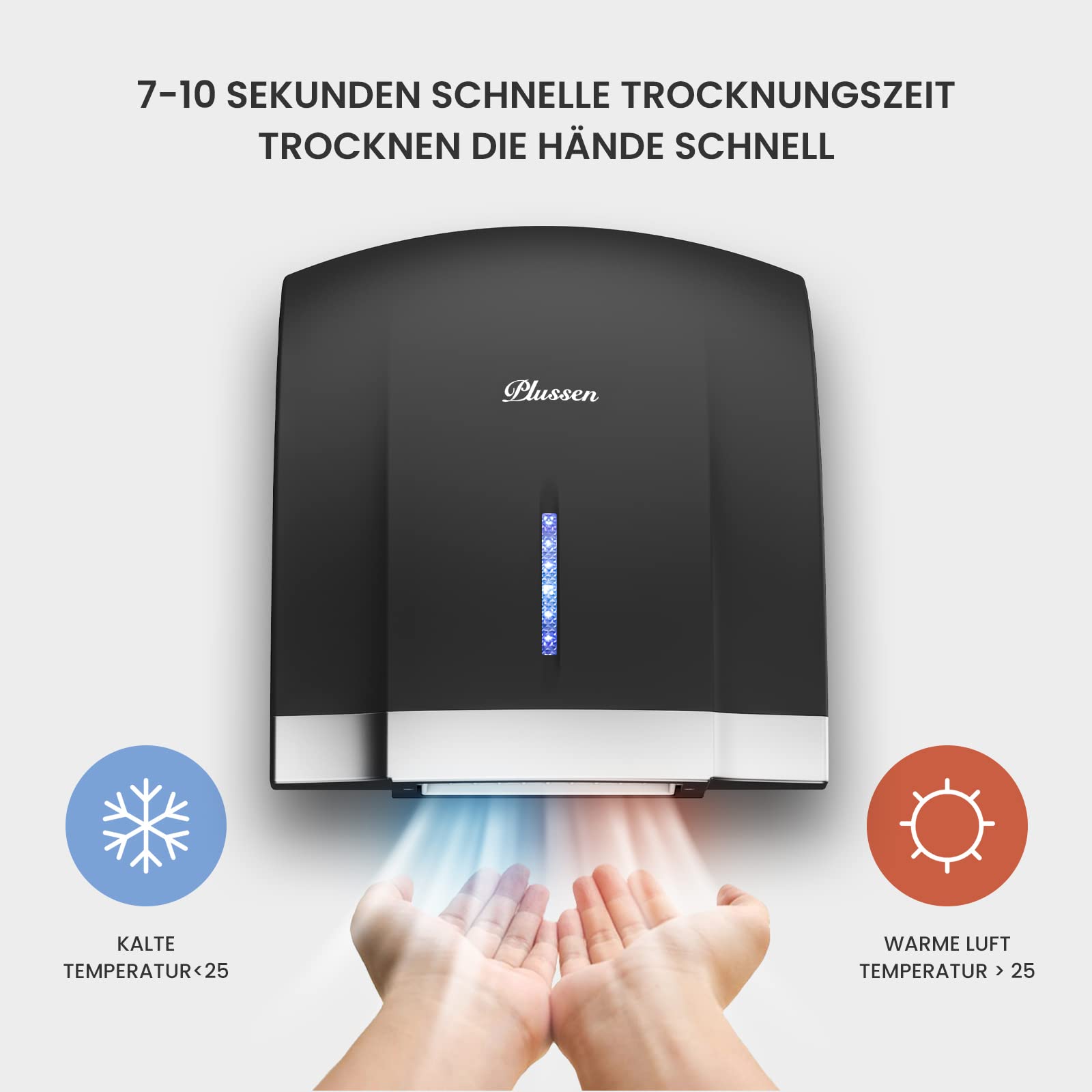 PLUSSEN Asciugamani Automatico Elettrico Hotel Asciuga Mani ad Vento Caldo e Freddo da Parete Bagno con Sensore Fotocellula, a Basso Rumore (40 Db), Coperchio Compatto in ABS, 220-240V (nero-1003)