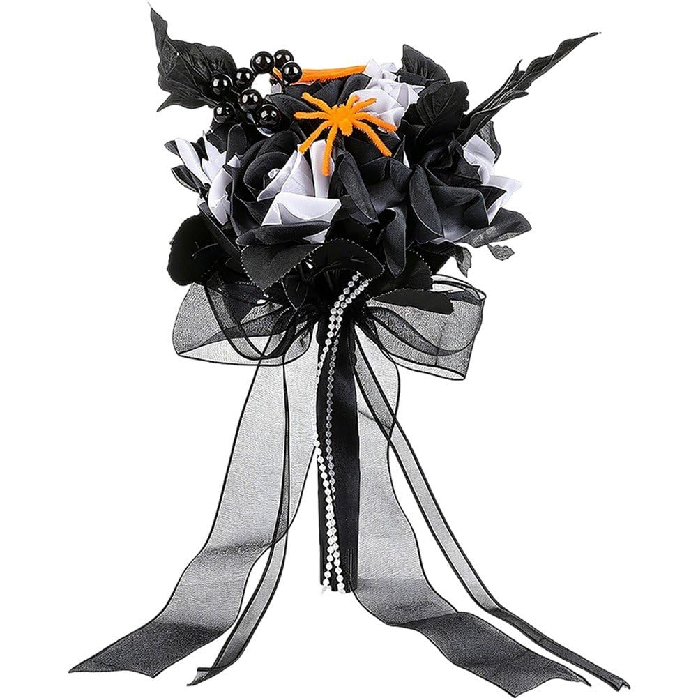 Sslvya Gothic Bridal Bouquets, Halloween Black Fake Flower Bouquet, Artificial Holding Flowers Wedding Bouquets for Brides Bridesmaids Halloween Anniversary
