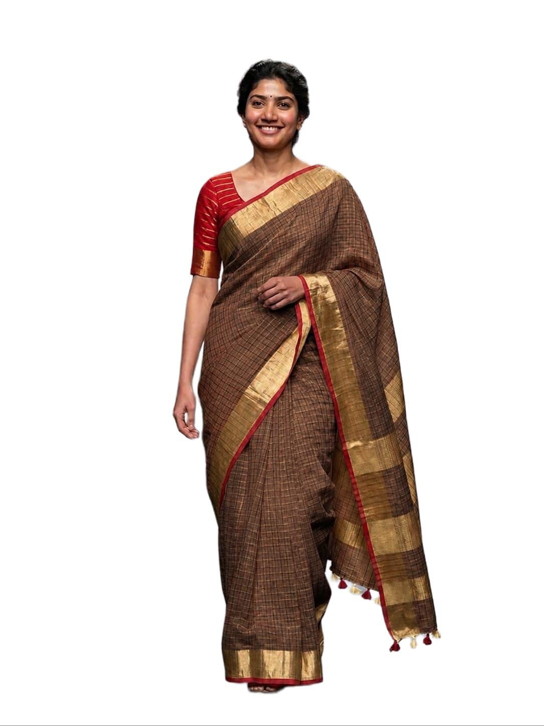 Handloom Linen Cotton Blend Saree, with Red-Gold Border and Contrast Blouse Piece