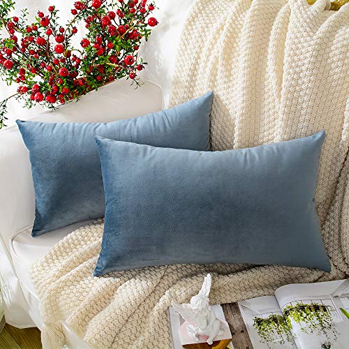 MERNETTE Pack of 2, Velvet Soft Decorative Rectangle Throw Pillow Cover Cushion Covers Pillow case, Home Decor Decorations for Sofa Couch Bed Chair 12x20 Inch/30x50 cm (Grey Light Blue)