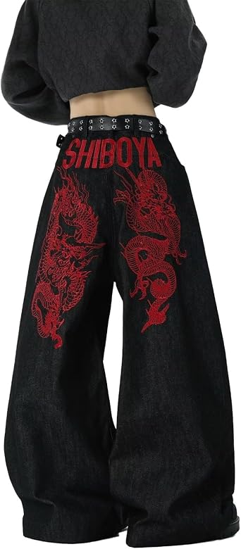 Mens Baggy Jeans Cool Dragon Embroidered Wide Leg Jeans Hip Hop Loose Fit Denim Pants Streetwear Y2K Trousers