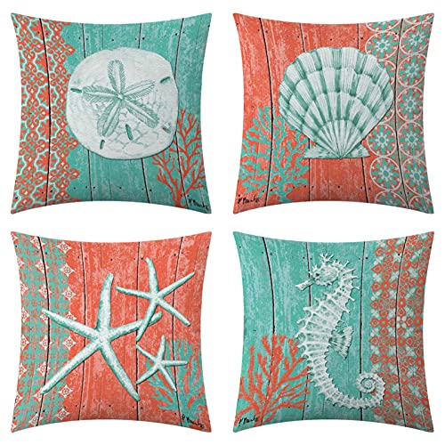 Lnond Green Ocean Pillow Covers, Wood Grain Nautical Decorative Pillow Covers, Coastal Starfish Shell Coral Pillowcase Cushion Case for Sofa Couch Set of 4 (18X18 in, Ocean)