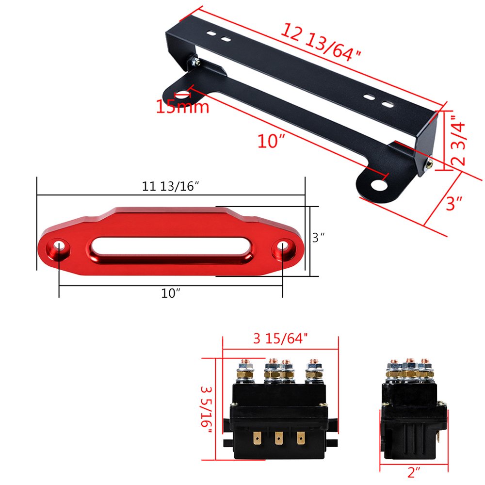 Set 10" Aluminum RED Hawse Fairlead w/ 254mm Flip-Up Mount License Plate Holder + 12V 500A Winch Solenoid Relay 8000-15000LBs ATV UTV 4WD 4x4 Winch Replacement