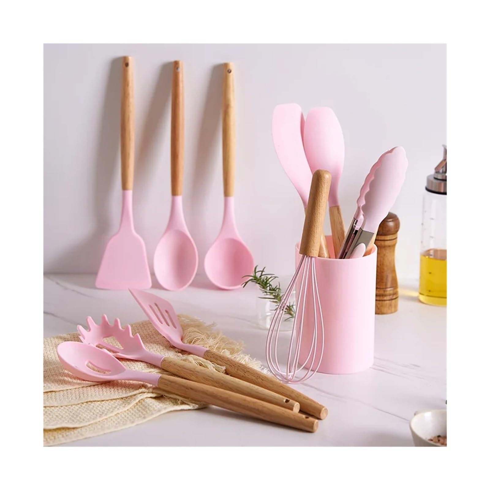 Generisch Küchenutensilien-Set, 12-teilig, Silikon-Kochlöffel, Spatel mit Holzgriff, nordisches Küchengeschirr(Blue-12pc)