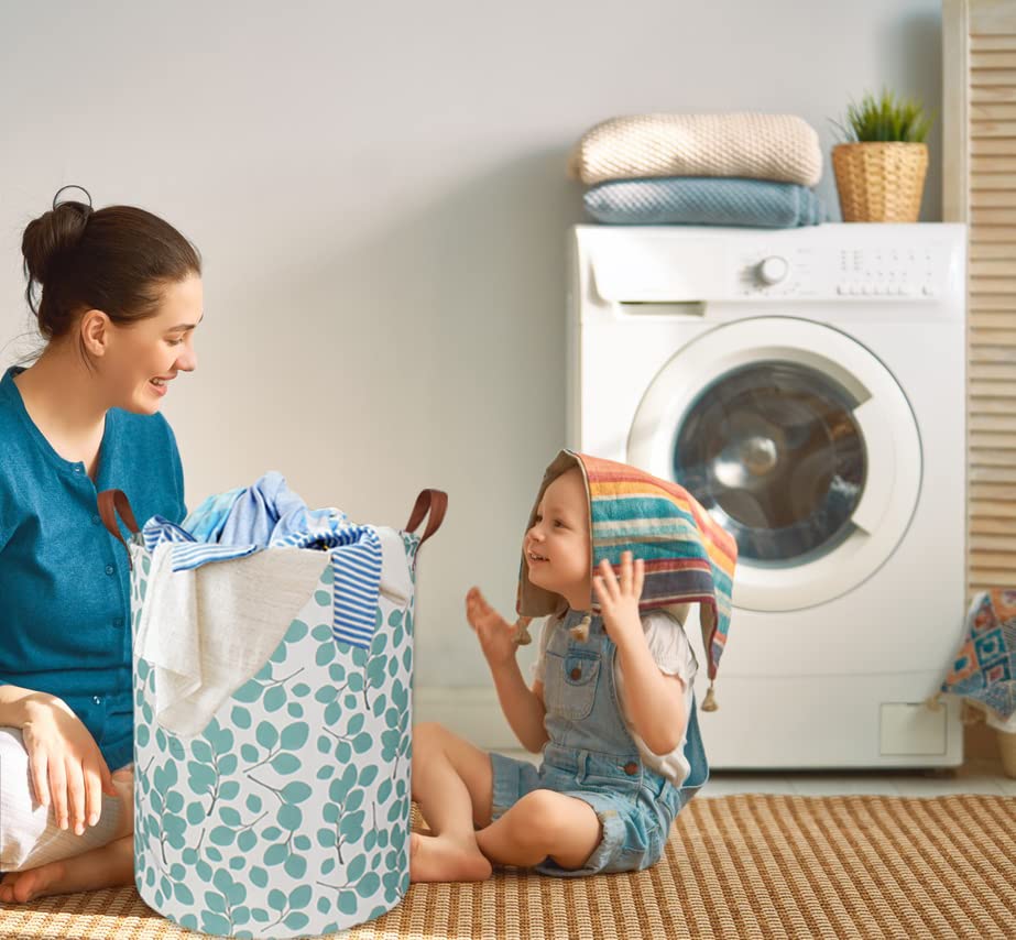 Image of Laundry Baskets,Canvas Fabric Laundry Hamper,Collapsible Toy Storage Organizer Bins,Gift Basket for Bedroom, Clothes, Nursery,Kids,Boys (Eucalyptus leaves)