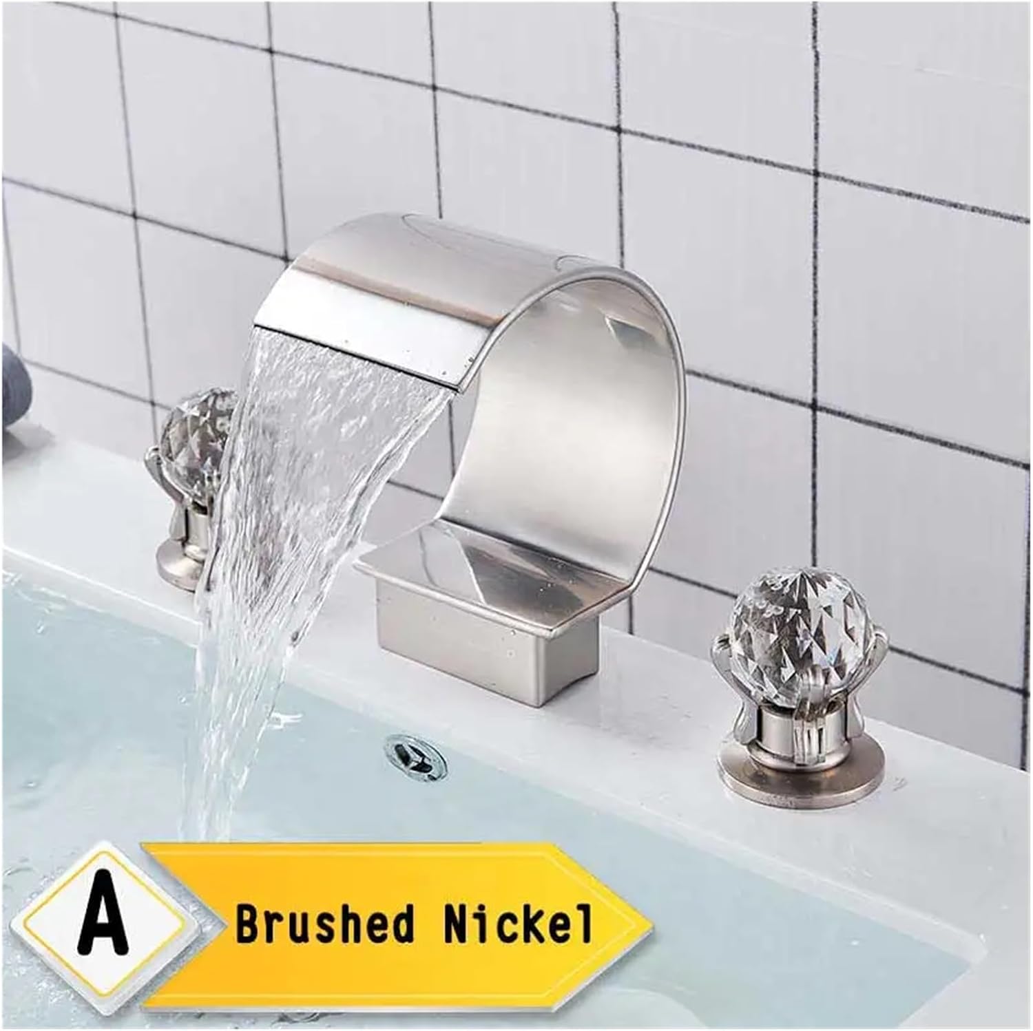 Waterfall Basin Faucet Dual Cristal Handle Widespread Bathroom Sink Mixer Tap Deck Mounted Bathtub(Brushed Nickel A)