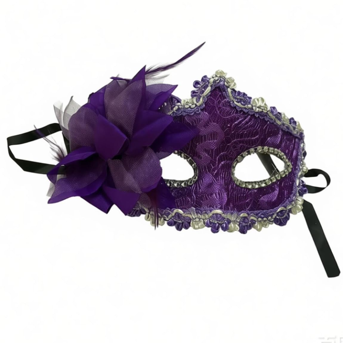 Women’s Side Flower Multicolor Lace Covered Half Face Crown Masquerade Mask (Purple) — image 1