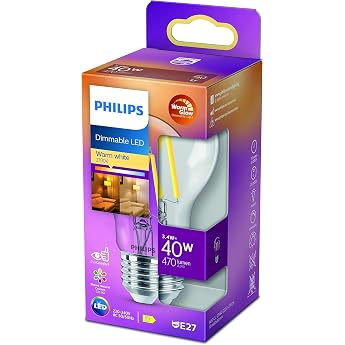 Philips LED Classic E27 WarmGlow Lamp 40 W Teardrop Shape Dimmable Clear Warm White [Energy Class D]