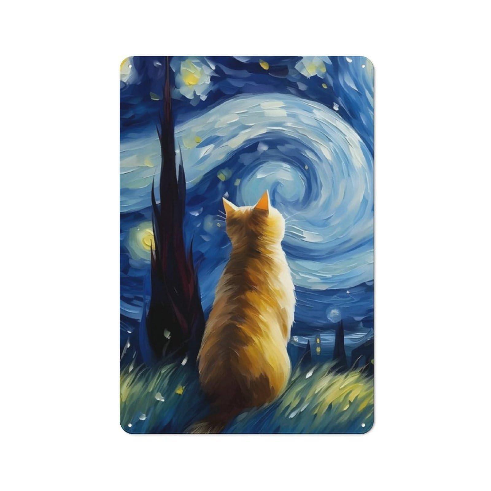 Junmoney Cat Under Starry Night Tin Wall Plaque 30X20cm With For Living Room Or Hallway, For Garage, Workshop And Man Cave Decoration