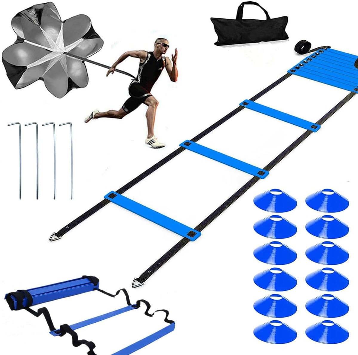 Agility Ladder,20ft Agility Ladder,Speed Ladder, Soccer Ladder Training Set, with 12 Training Cones and Resistance Parachute- Blu