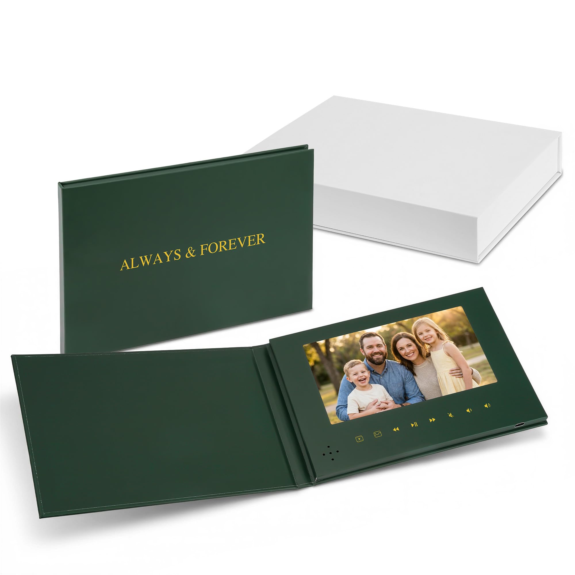 Dispositivo de video de 7 pulgadas con audio, memoria de 4 GB, álbum digital de tapa dura abierto para jugar, múltiples estilos y colores (siempre y para siempre-verde)