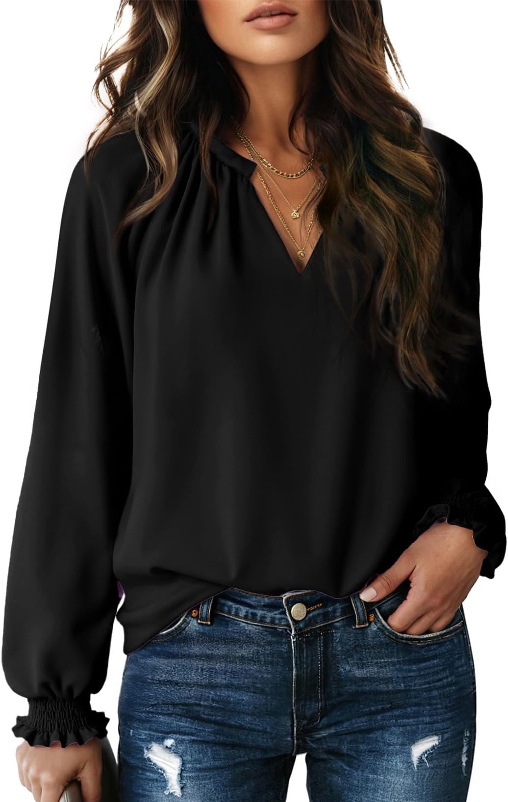 Blouses for Women Dressy Casual Flowy Boho Tops V Neck Long Sleeve Shirts Spring Outfits 2026