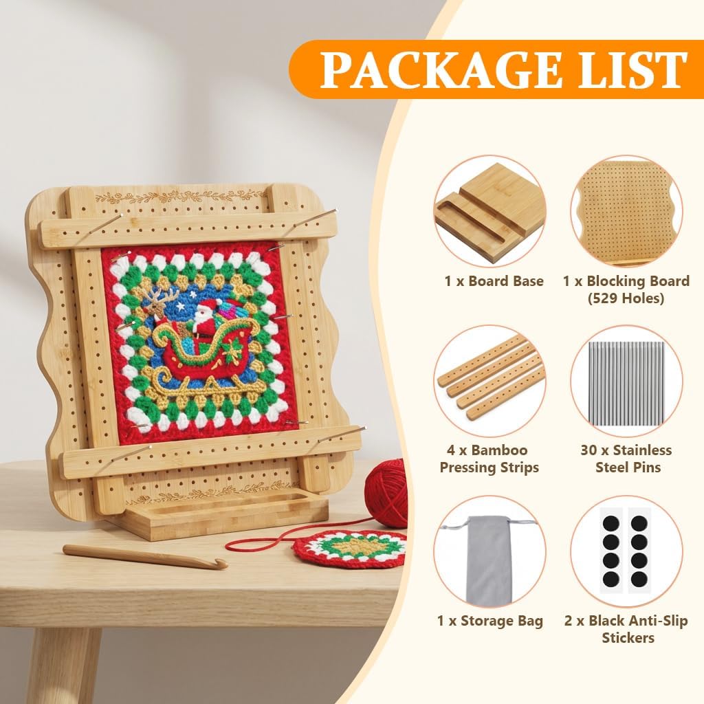 Fraha 11.8 x 11.8 in Crochet Blocking Board with 4 Tension Rods and 30 Pegs, Bamboo Granny Square Blocking Board for Crochet Projects, Wooden Crocheting Accessories Gifts for Crocheters