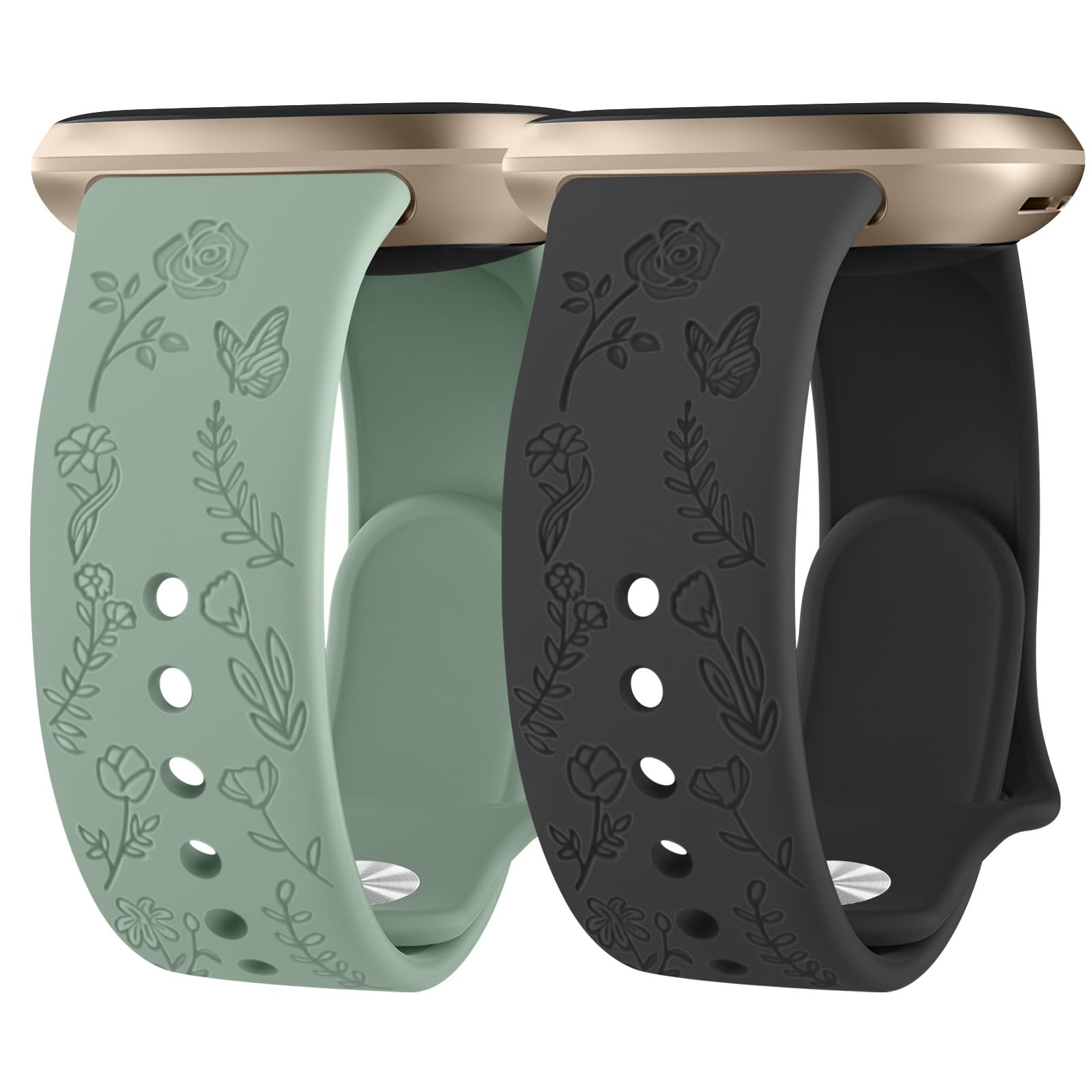 2 Pack Rose Butterfly Engraved Compatible with Fitbit Versa 3 Straps/Fitbit Versa 4 Strap/Fitbit Sense Strap/Fitbit Sense 2 Strap for Women,Soft Sport Replacement Strap for Fitbit Versa 4/3/Sense 2(E)