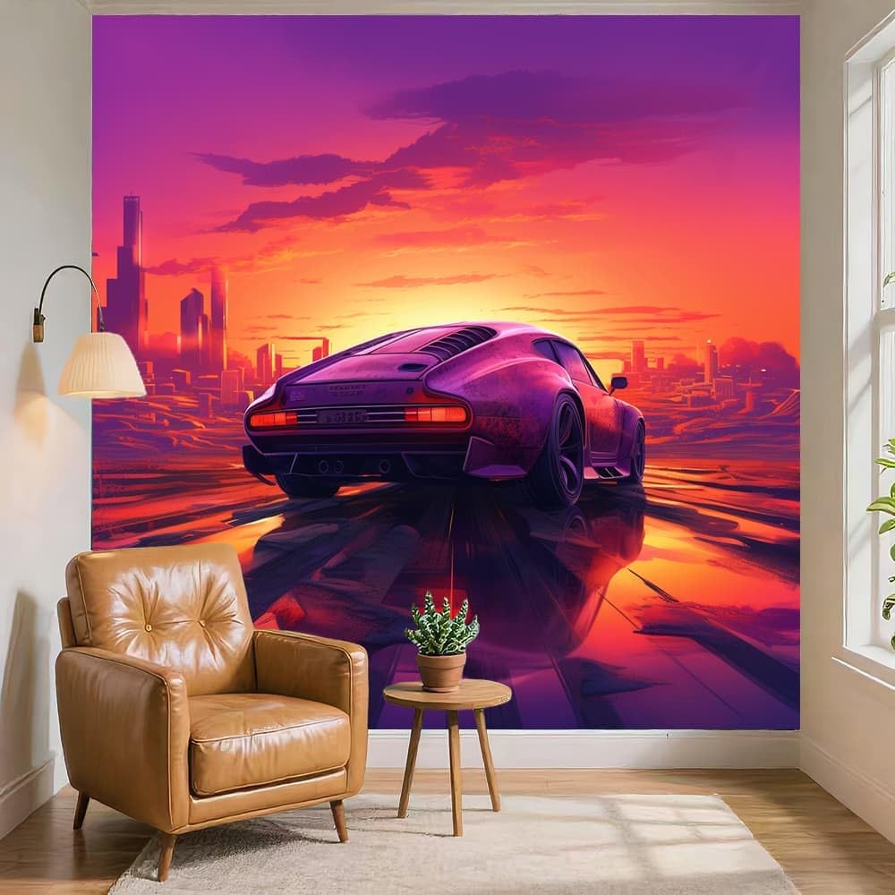 Fototapeta 400 x 280 cm nowoczesny samochód sportowy wzór w paski tapeta efekt 3D włóknina pomarańczowo-fioletowa fototapeta do sypialni salonu tło telewizora i sofa
