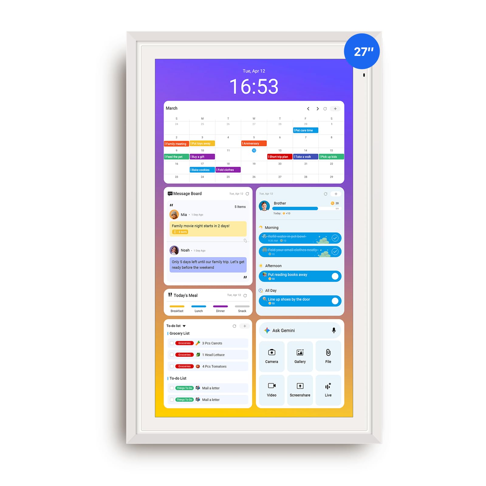Apolosign 27-inch Digital Calendar, Smart Wall Planner with Calendar Sync, Chore Chart, Install Apps & Widget, Electronic Touchscreen Display for Family Schedules, Dual Mode, Wall Mount Included (White) White 27-inch