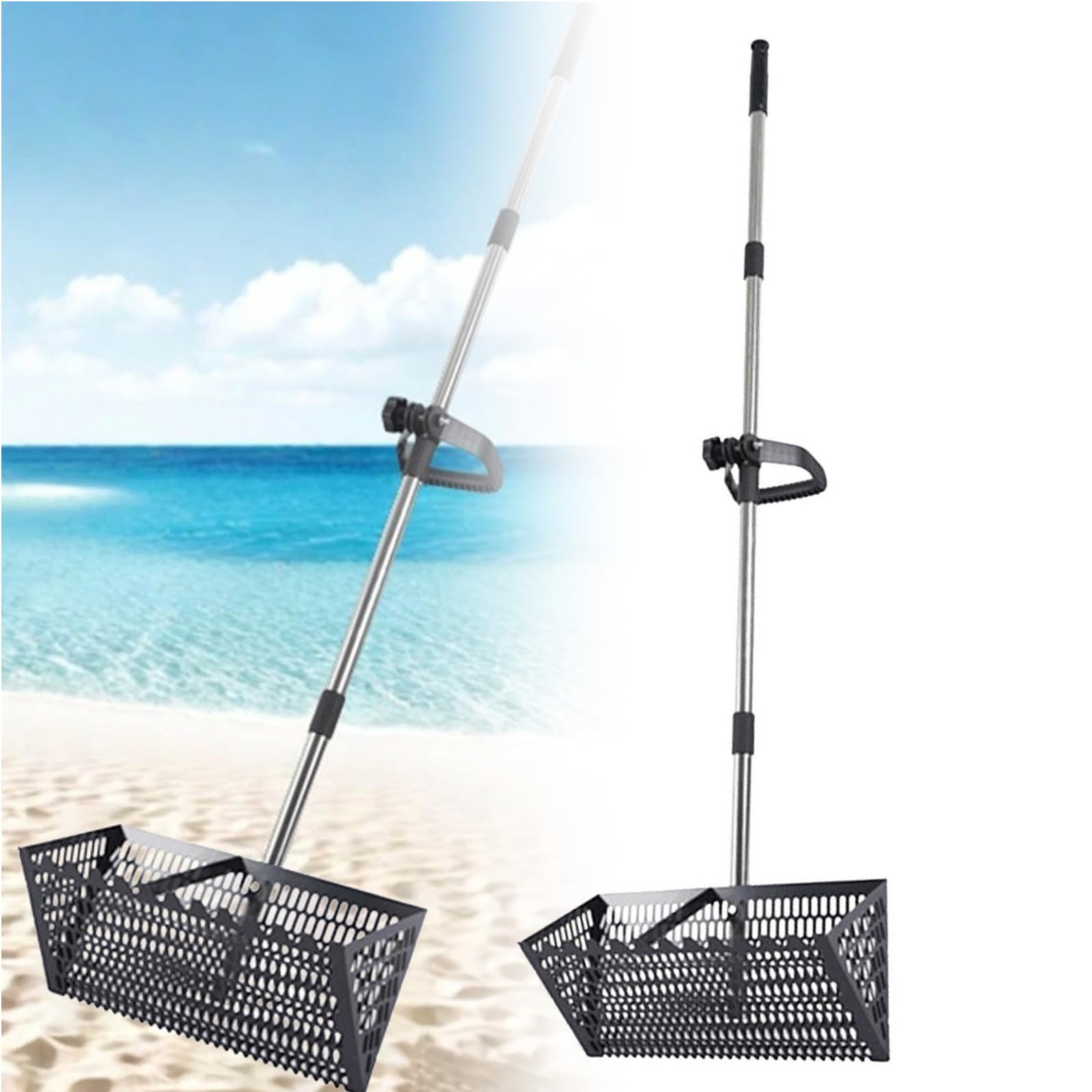 Set di rastrello per pulci, setaccio per sabbia da spiaggia in acciaio inox con cestello largo da 40 cm a denti di squalo, rastrello per sabbia scavato in acciaio al carbonio, rastrelli con manico