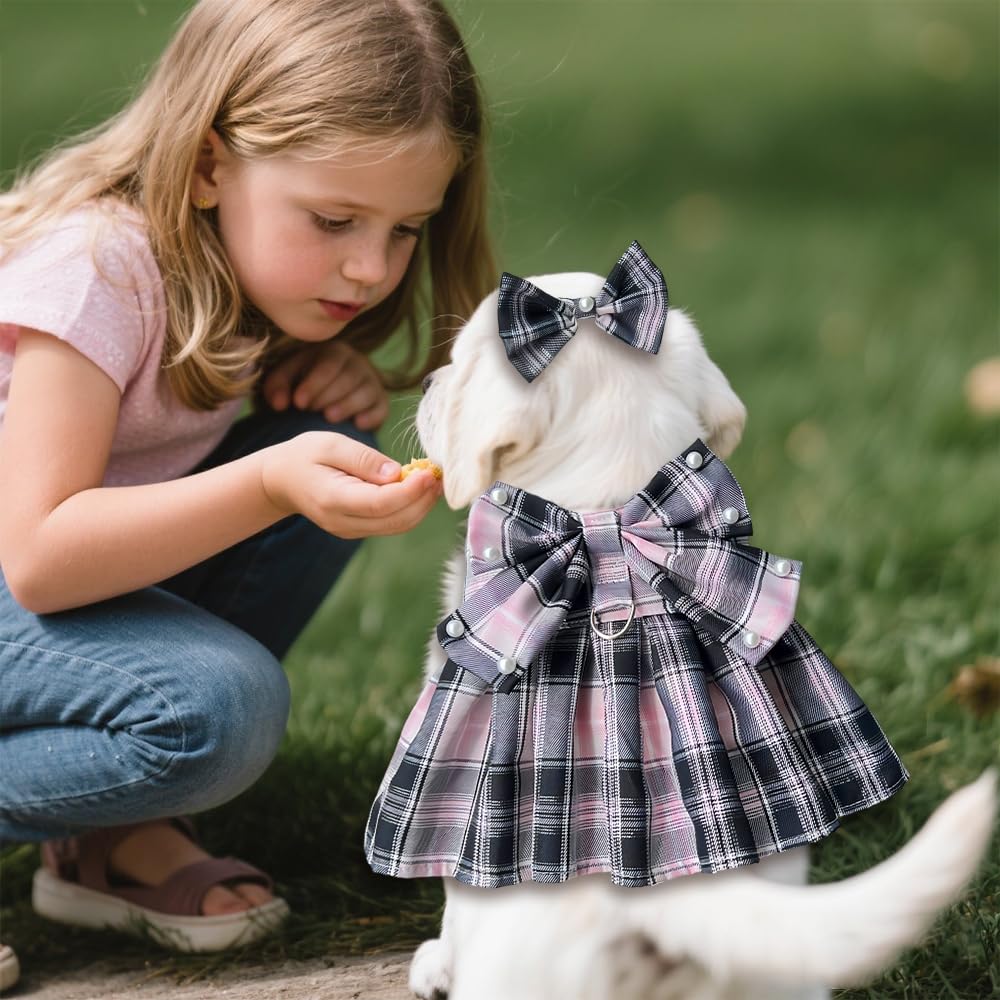 Robe pour Chien Élégante en Tartan Rose Et Noir avec Noeud Papillon Vêtement Canin Respirant pour Mariage Et Cérémonies pour Petit Moyen Grand (S)