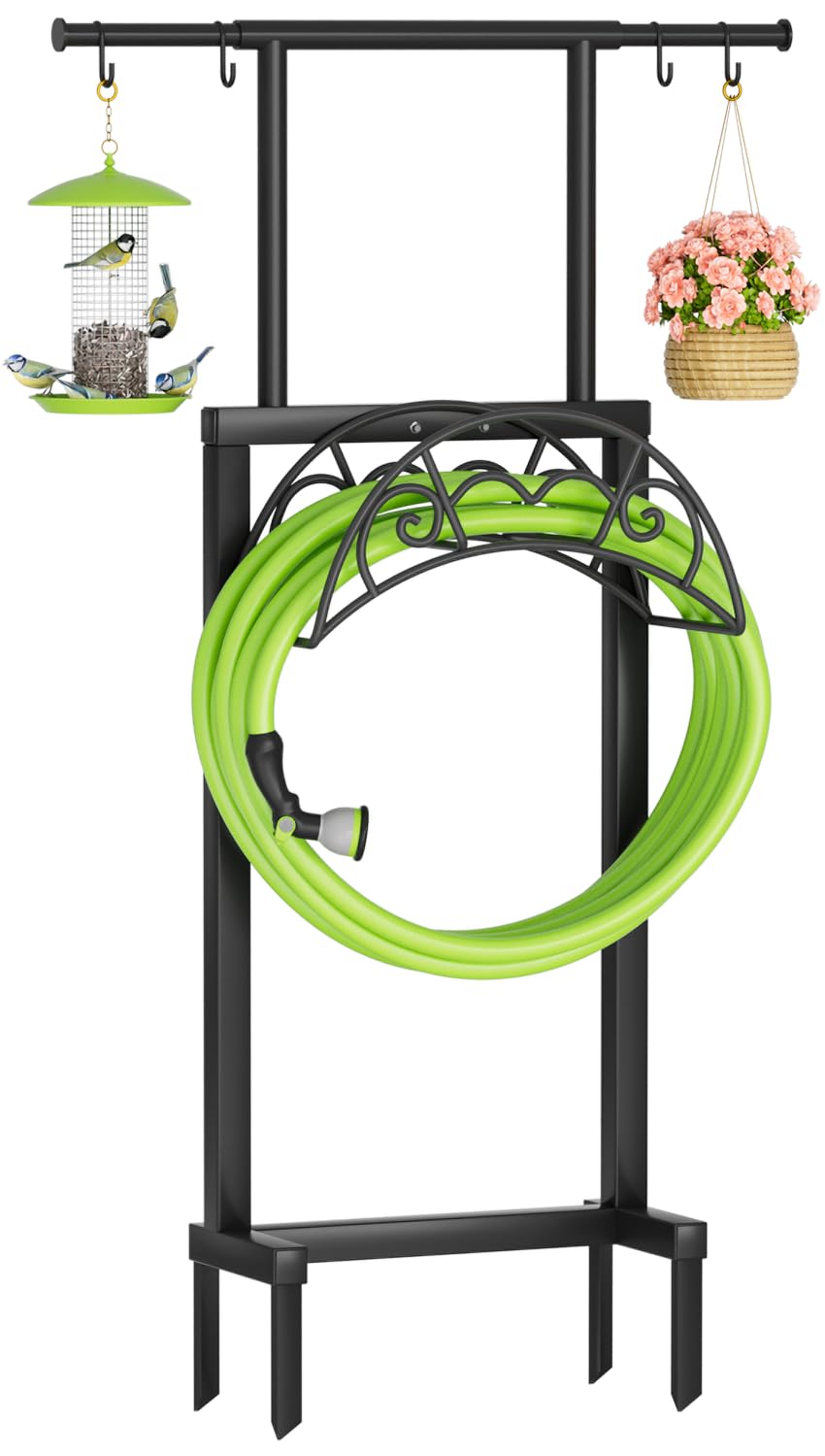 NEYCIL Garden Hose Holder with Telescopic Pole, Freestanding Garden Hose Stand Stake with 4 Spikes, Heavy Duty Sturdy Metal Hose Storage Rack and Hanger for Outside Yard Lawn Farm, Black