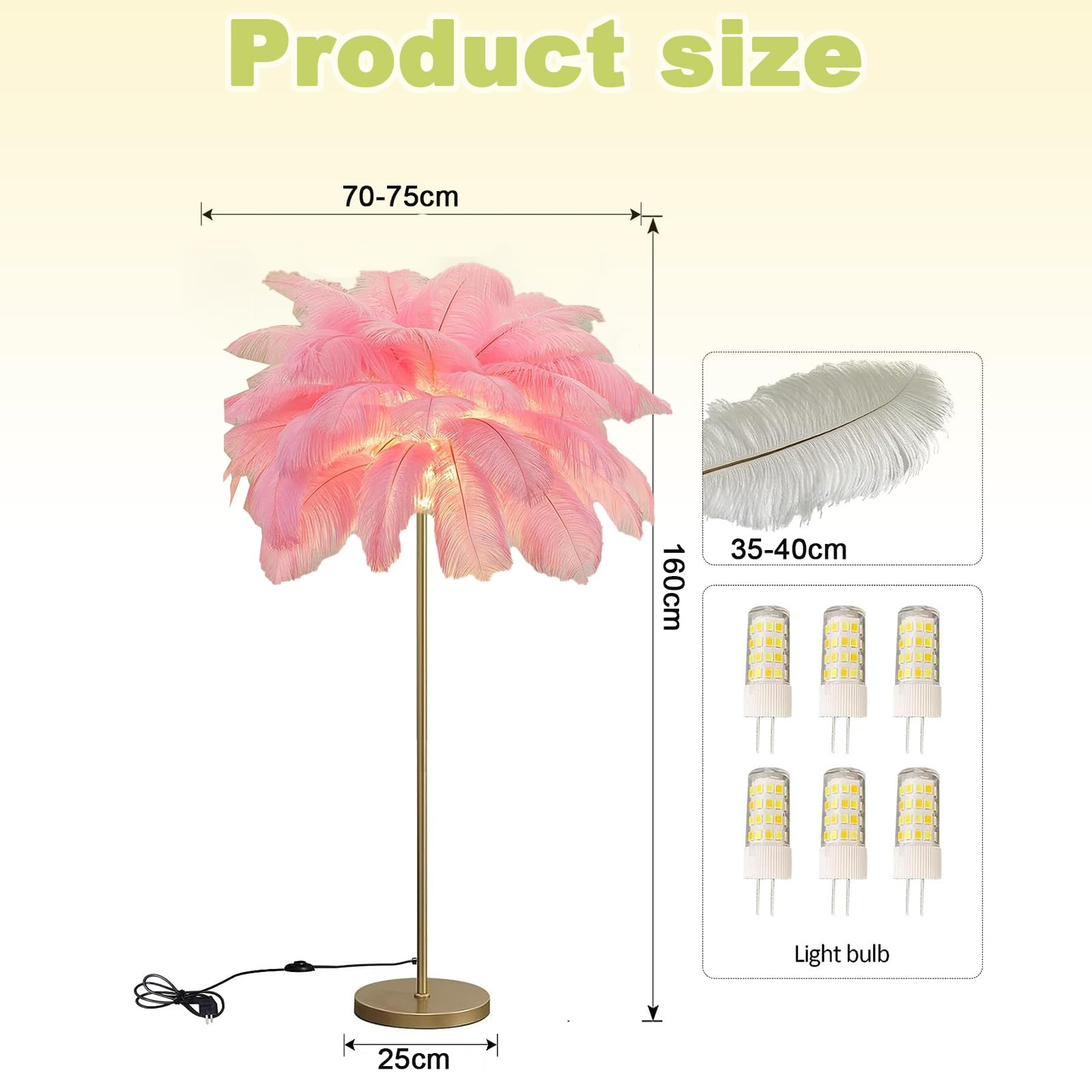 Lampa stojąca z piórami, nowoczesna, 160 cm, duża, strusie pióra, złota lampa stojąca z abażurem ze sprężynami, 3-kolorowe ściemnianie, z przełącznikiem przyciskowym, oświetlenie dekoracyjne