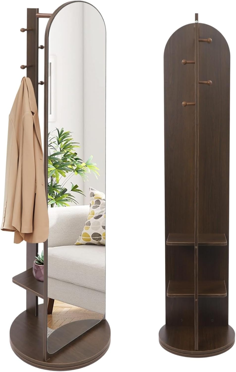 Mirror Full Length with Storage, 15" Lx66 H Mirror Coat Rack, 360° Rotating Mirrors with Clothes Rack for Bedrooms, Living Rooms, Changing Rooms (Style 2)