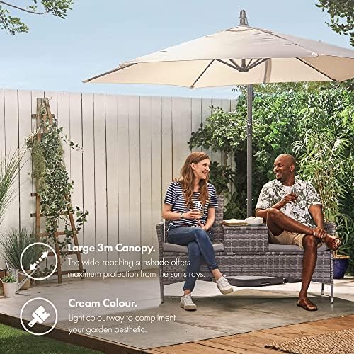 VonHaus Banana Parasol 3M  Cantilever Hanging Parasol Umbrella for Outdoor, Garden, Patio  Sun Shade Canopy with Hand Crank, Tilt & Rotate Function, UV30+ Protection, Air Vent, Steel Frame  Cream