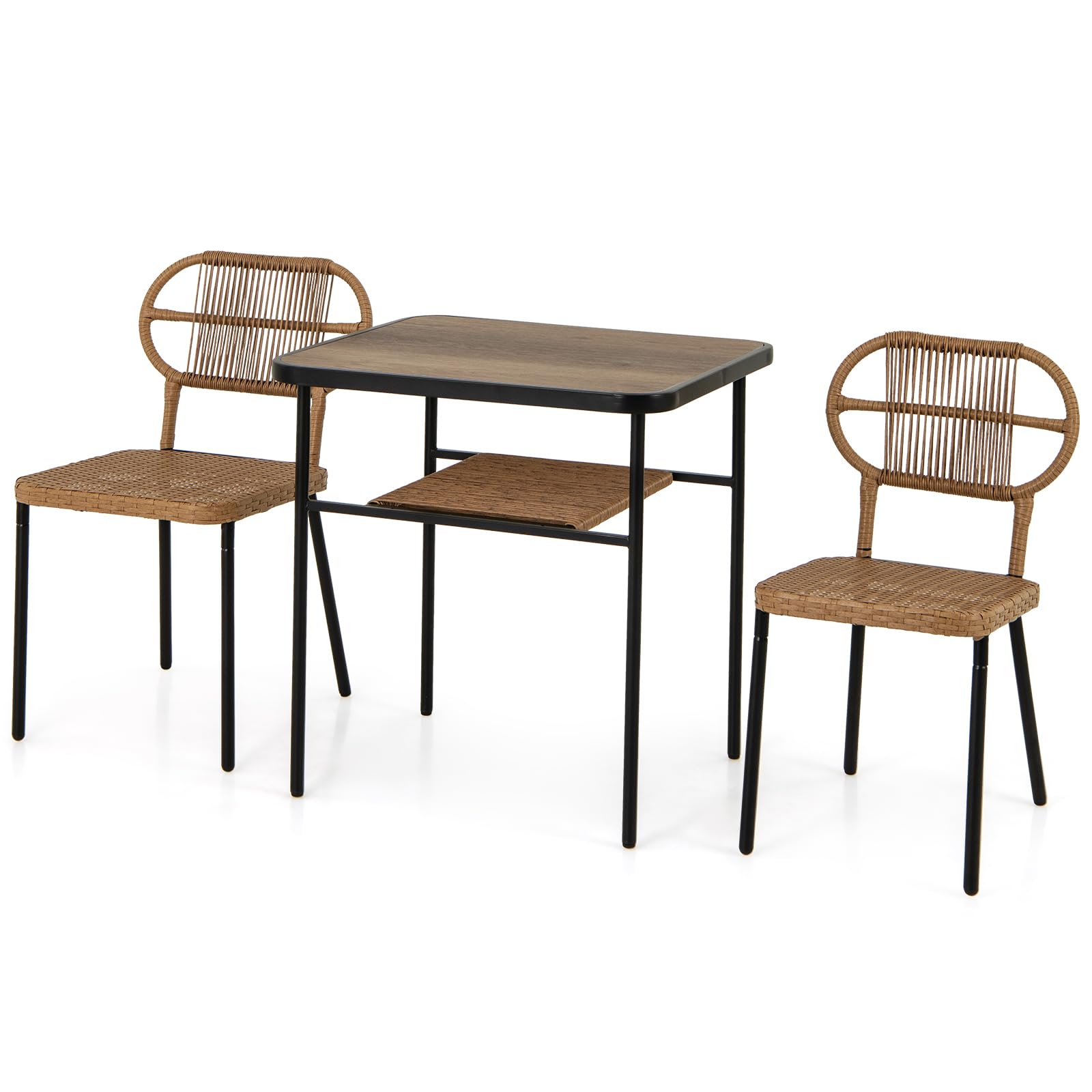 GIANTEX Table et Chaises Salle à Manger en Rotin, Salon de Jardin avec Table à 2 Niveaux, Design Encastrable, Naturel