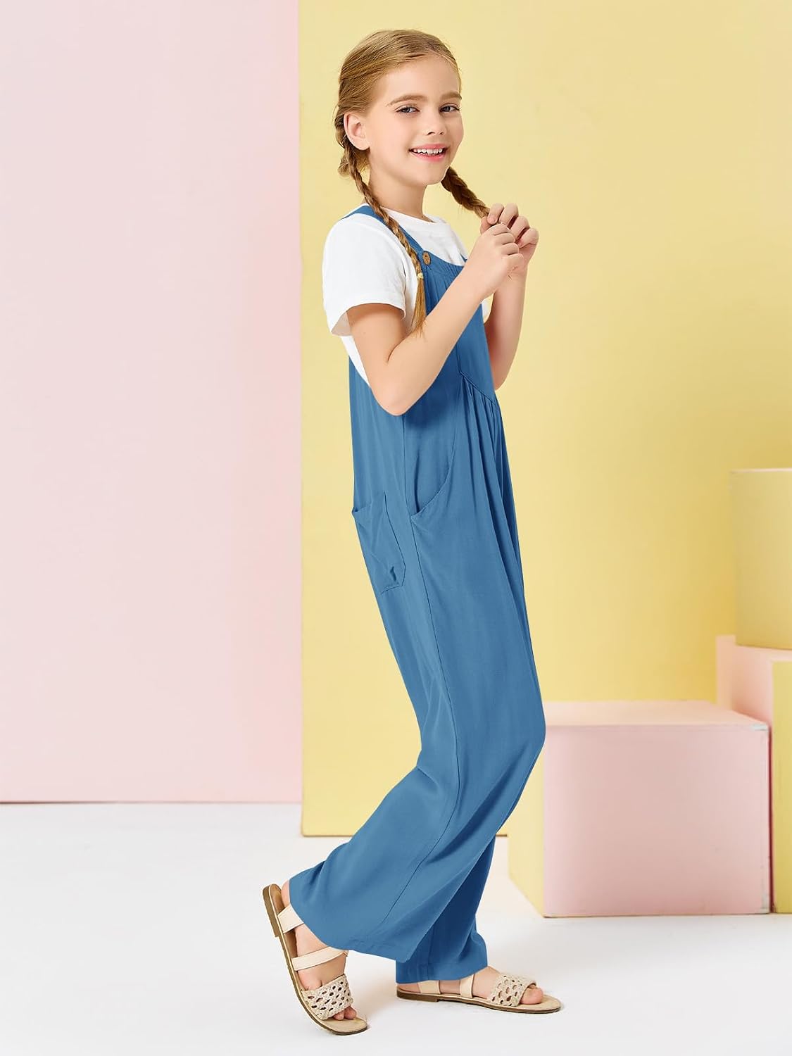 Haloumoning Girls Overalls Kids Casual Sleeveless Wide Leg Jumpsuit Loose Rompers with Pockets 5-14 Years