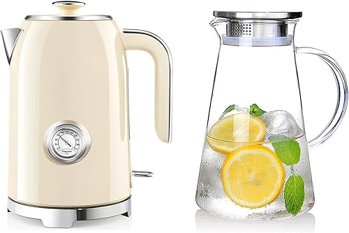SUSTEAS Jarra de vidrio de 2.0 litros y 68 onzas con tapa para bebidas caseras y hervidor eléctrico SUSTEAS de 57 onzas con termómetro