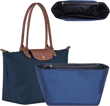 Soft Nylon Purse Organizer Insert for Longchamp Le Pliage L Tote Bag,Lightweight Luxury Long Champ Large Tote Divider Shaper with Cup Holder,Bags Inner Linner with 7 Deepened Pockets,L/Navy Blue