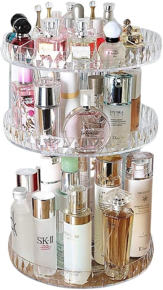 – TRIXES Make Up Organiser - 360 Degree Rotating Cosmetics Stand - Adjustable 2 or 3 Tier Beauty Accessory Storage - Faceted Acrylic Home Design