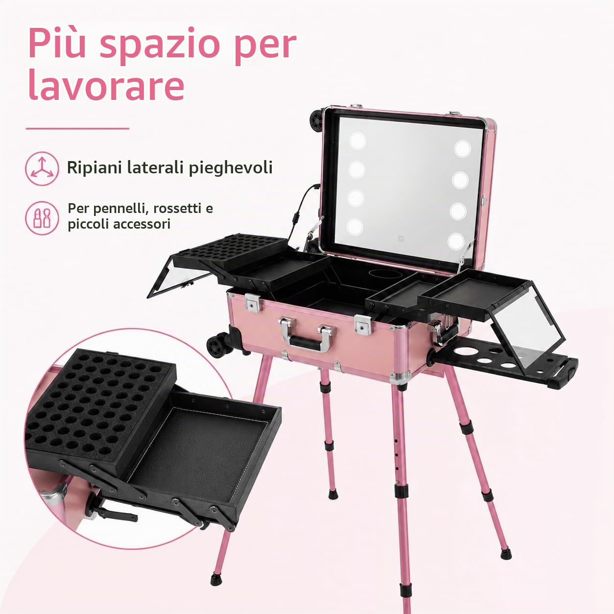 Rolling Makeup Train Case, valigetta per cosmetici in alluminio con luci da specchio, grande trolley per trucchi, organizer per unghie, Colore: rosa., Trolley valigetta cosmetica