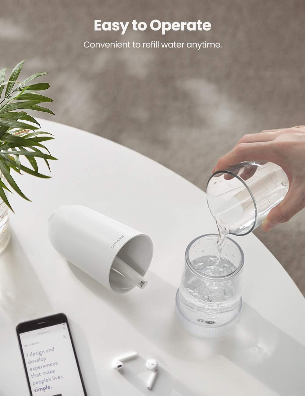 UGREEN Humidifier for Bedroom Cool Moisture Portable Mini Cool Mist Baby Humidifiers with 2 Mist Modes Suitable for Bedroom Travel Home Office, Auto Shut-Off, Easy to Clean, Super Quiet