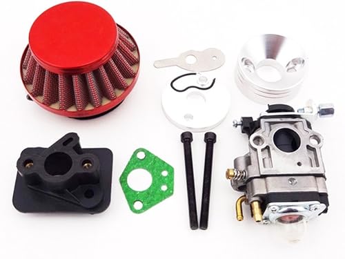 TC-Motor - Juego de tubería de Carburador de 15 mm + filtro de aire de 44 mm en color rojo + pila de aleación + colector de entrada de 15 mm para