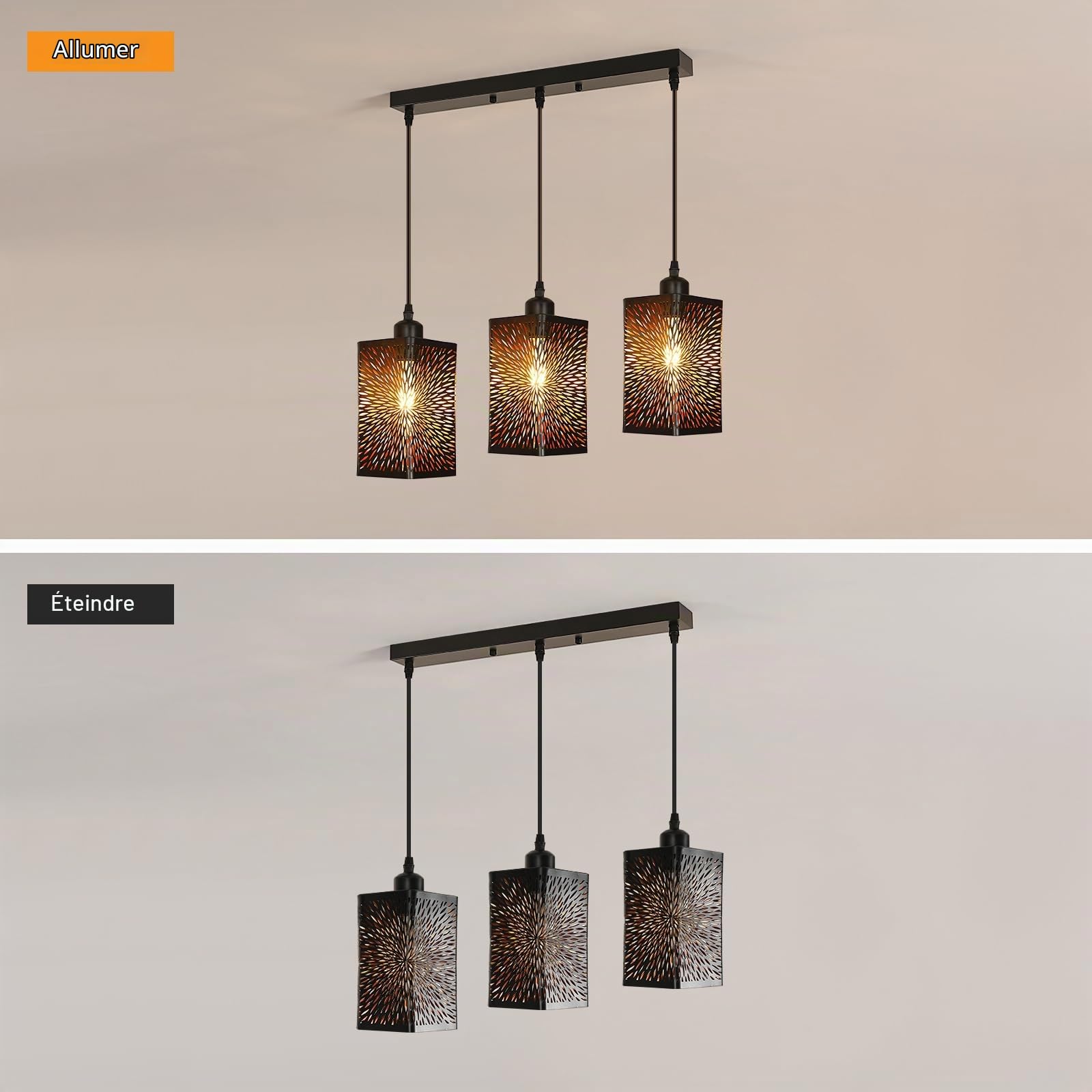 Goeco 3 Lustre Suspension Industrielle Design 3 Lampes, Luminaire Plafonnier Forme Feux d'artifice en Fer, E27 Lampe de Plafond Noir pour Salon Chambre Cuisine