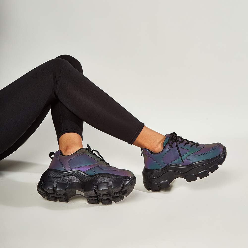 LUCKY STEP Women Chunky Platform Dad Colorblock White Neon Green Fuchsia Hologram Silver Casual Lace-Up Walking Sneakers - Image 6