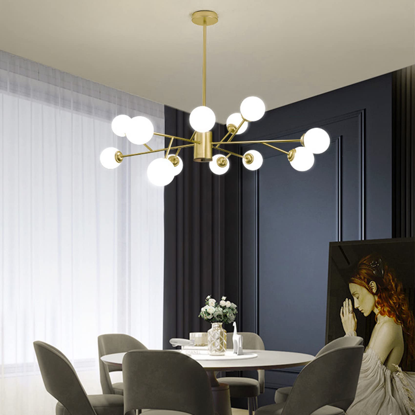 Lámpara de Araña Sputnik Dorado Bola Vidrio Mid-Century 12 Luces | Lamparas de Techo Sputnik Altura Ajustable, Lampara Colgante Techo G9, Sin Bombilla, para Salón Dormitorio Comedor Cocina