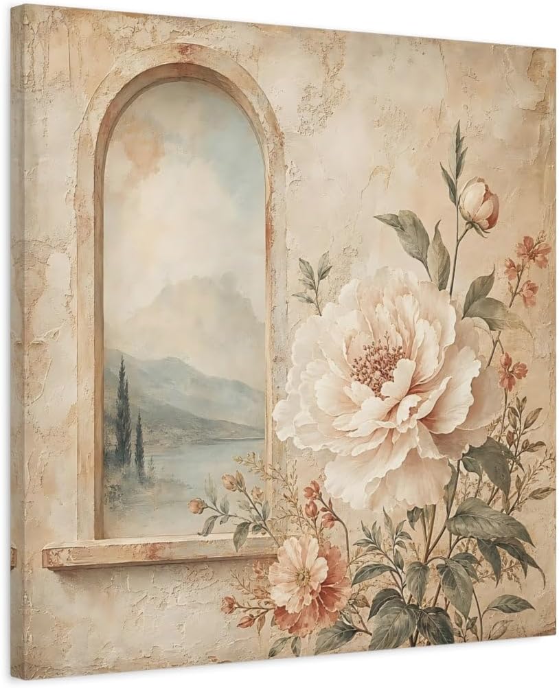 Floral Peony Flower Blush Arch Canvas Print – Living Room, Above Console Table, Beige 24×24 inch (60×60 cm) - Square / 1.25 inch (3 cm)