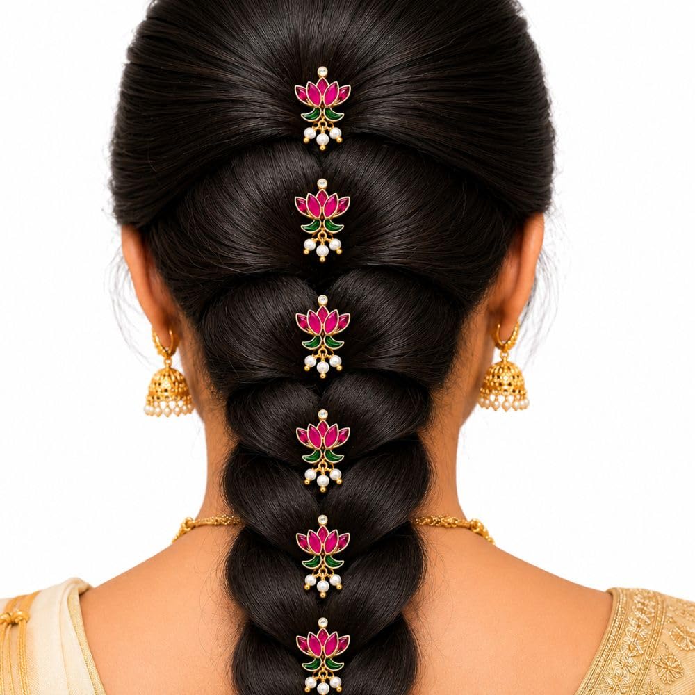 Lotus Flower Hair Hook Pins with Pearls – Pink & Green Enamel, Gold Tone, White Crystal Center – Bridal Hair Accessories for Party, Wedding, Office (Pack of 8)-picture-43