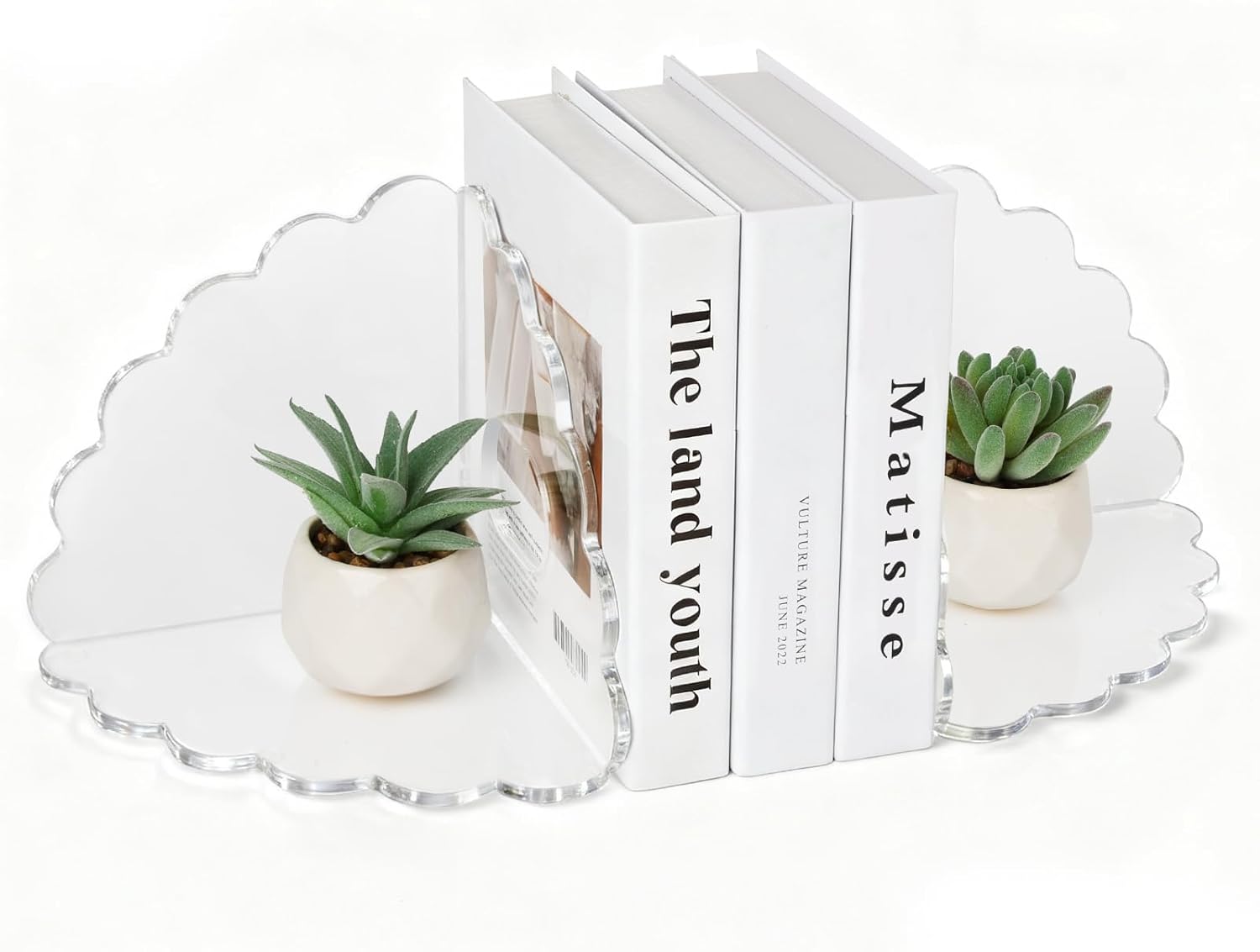 Scalloped Acrylic Bookends, 2 Pcs Heavy Duty Clear Book Holder Stands with Non-Slip Pads for Books, Files, CDs & Video Games, Modern Shelf & Desk Organizer