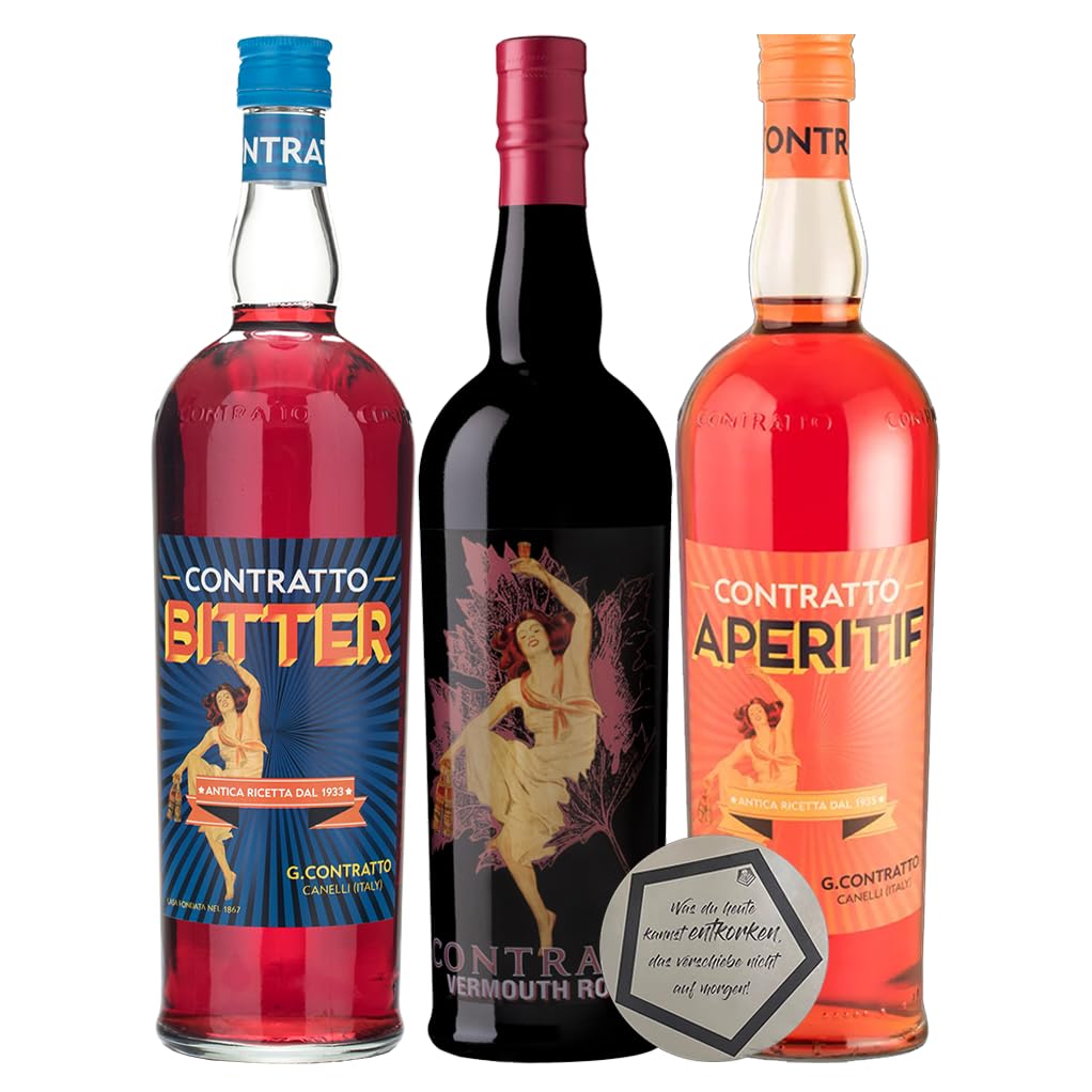Contratto 3er Set | Bitter 1,0 l 22% vol, Aperitivo 1,0 l 13,5% vol & Vermouth Rosso 0,75 l 17% vol | Italien, Piemont | Edle Aromen aus dem Piemont | inkl. LOVEVINO Silver Button Sticker