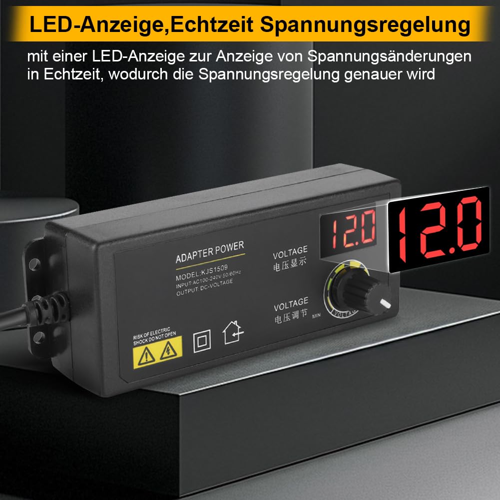 Alimentation Réglable 3-12V 5A, Transformateur Variable Transfo Variateur 12V Alimentation Laboratoire avec Contrôle de Tension Adaptateur Secteur Réglable avec Bouton Rotatif Affichage LED