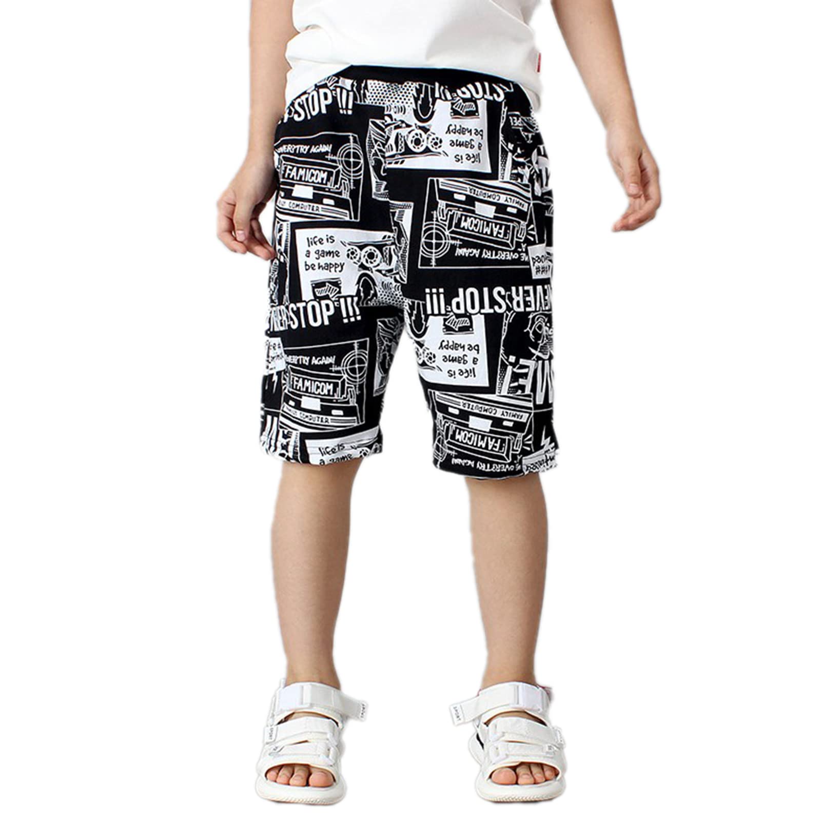 JXGSGOGO Boys Cotton Sport Shorts Drawstring Soft Jersey Athletic Shorts Unisex Height 110-120cm Printed Black
