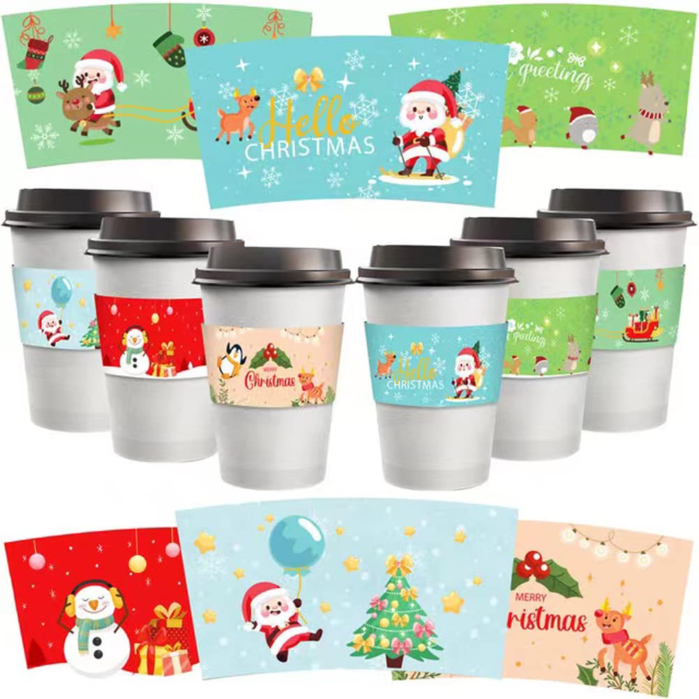 Christmas Coffee Cup Tea Cup Sleeves 24 Pack Kraft Disposable Paper Cup Sleeves 6 Designs for 12 and 16oz Snowman Santa Cup Paper Jacket for Hot Chocolate Cocoa or Cold Beverage