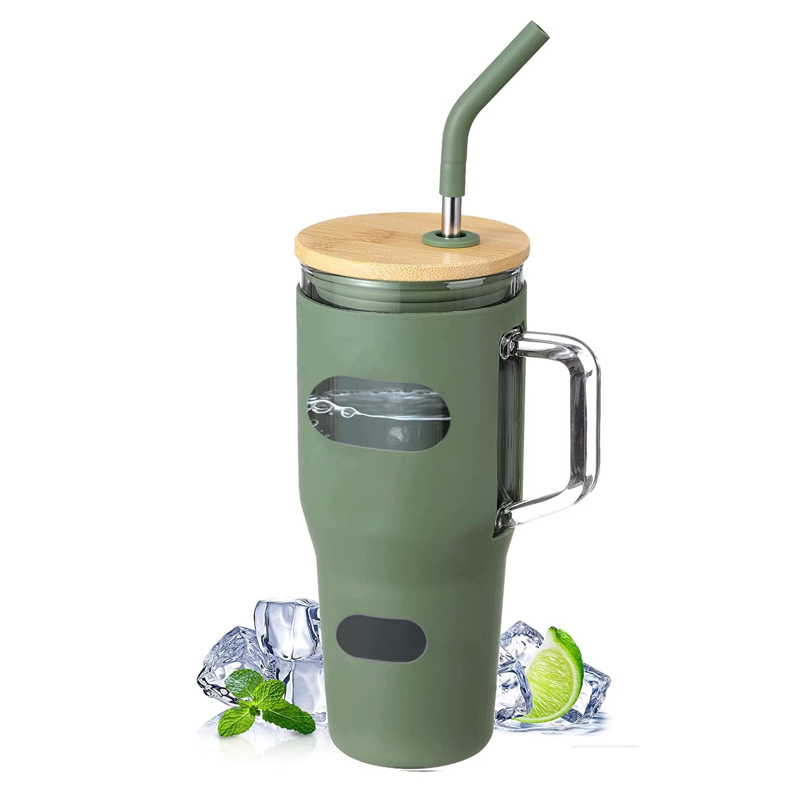 Angju 32 Oz Glass Tumbler with Bamboo Lid and Straw, Glass Water Bottles with Handle Reusable Cup with Time Marker and Silicone Sleeve for Iced Coffee, Fits in Cup Holder Spill Proof BPA Free