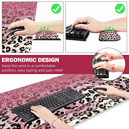 Image of ARTSO Extended Gaming Mouse Pad Set, Keyboard Wrist Rest Support Pad + Wrist Cushion + XXL Large Mouse Pad + Coaster, Stitched Edge, Non-Slip, Memory Foam Desk Mat, Pink Leopard Print