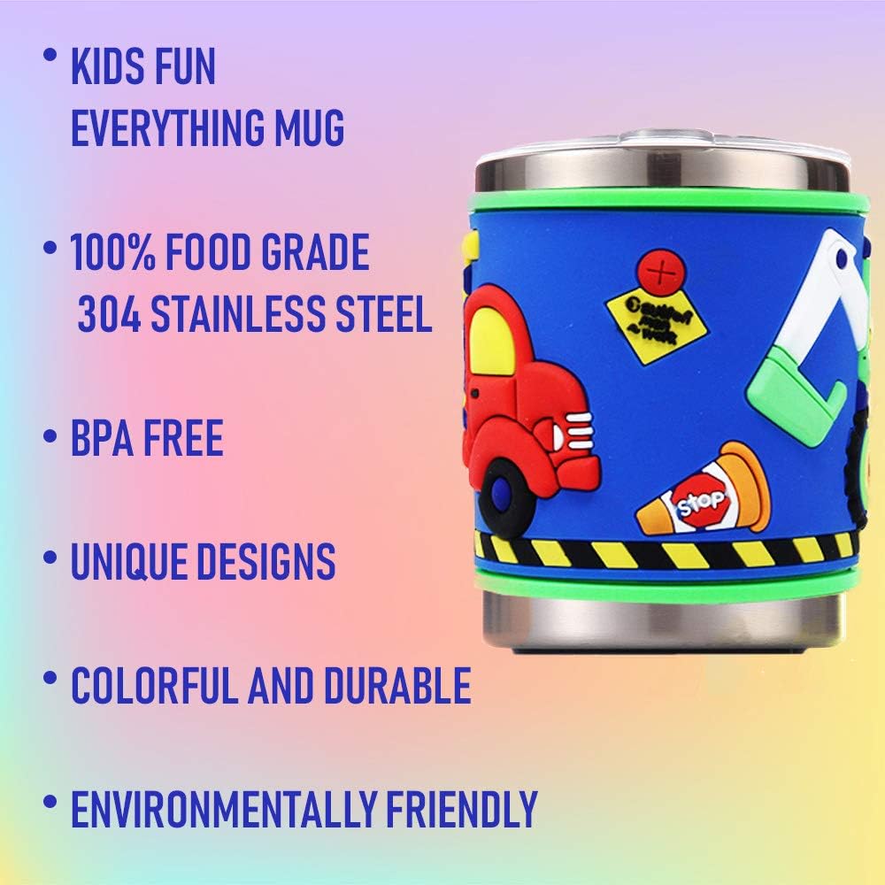 F-32 12 Oz Kids Stainless Steel Trucks 3D Mug with 2 Pack Slider Closure Lids - Eco-Friendly - BPA Free Signature Collection (Trucks)