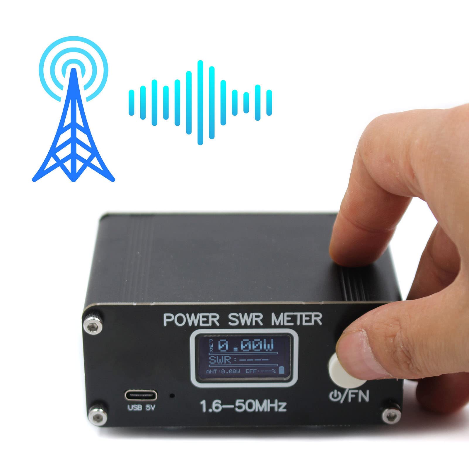 SWR-Messgerät Hochpräzises Leistungs-Stehwellenmessgerät 1,6 50 MHz Digitales Wattmessgerät für HF AM CW SSB-Messung Tragbares Design aus Aluminiumlegierung