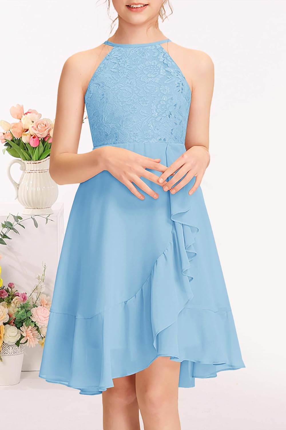 MITILLY Girls Lace Flower Ruffle Dress Chiffon Halter A Line High Low Flowy Junior Bridesmaid Dresses for Wedding Party - Image 2